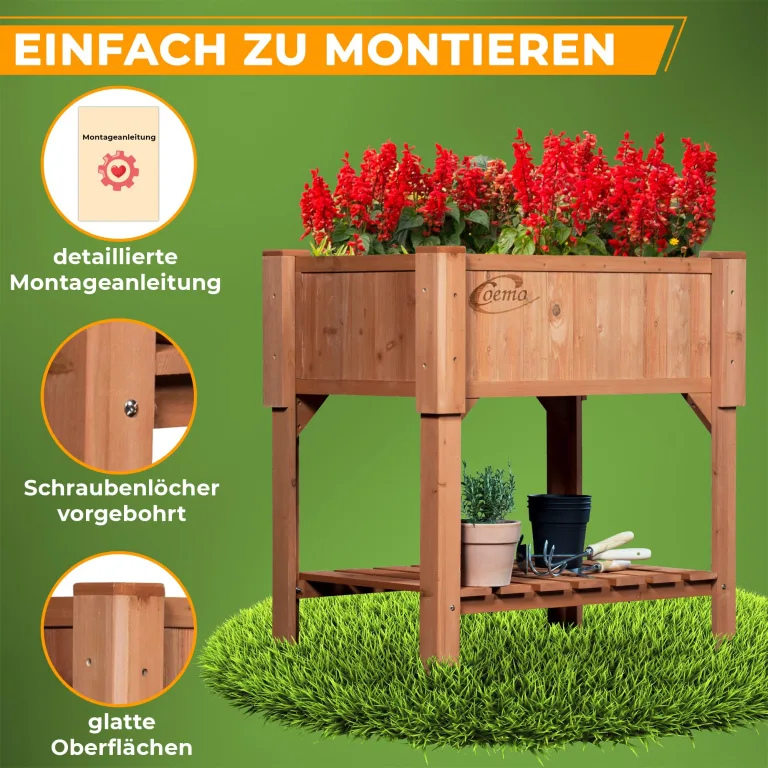 Coemo Hochbeet Holz 120 x 40 × 90 cm mit Ablageboden – Pflanztrog & Frühbeet für Balkon, Terrasse & Garten – Kräuterhochbeet mit Pflanzvlies – auch als Sichtschutz nutzbar – Bild 3