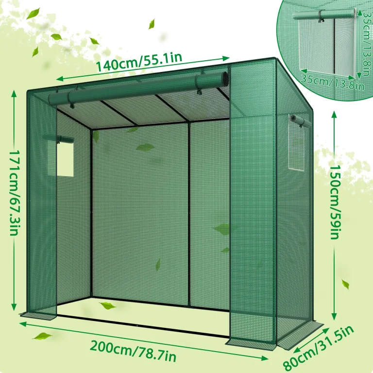 YRHome Schrägdach Gewächshau 200 x 80 x 150 cm Mit Tür & Aufrollbare Fenster Atmungsaktives Gewächshaus,Verzinktem Stahl Rohre Tomatenhaus UV-Schutz für Gemüse,Grün – Bild 2