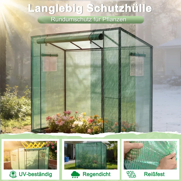 YRHome Schrägdach Gewächshau 200 x 80 x 150 cm Mit Tür & Aufrollbare Fenster Atmungsaktives Gewächshaus,Verzinktem Stahl Rohre Tomatenhaus UV-Schutz für Gemüse,Grün – Bild 3