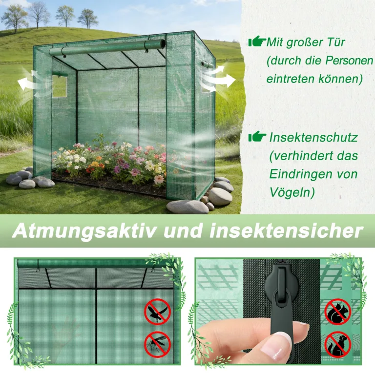 YRHome Schrägdach Gewächshau 200 x 80 x 150 cm Mit Tür & Aufrollbare Fenster Atmungsaktives Gewächshaus,Verzinktem Stahl Rohre Tomatenhaus UV-Schutz für Gemüse,Grün – Bild 5