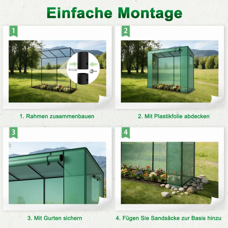 YRHome Schrägdach Gewächshau 200 x 80 x 150 cm Mit Tür & Aufrollbare Fenster Atmungsaktives Gewächshaus,Verzinktem Stahl Rohre Tomatenhaus UV-Schutz für Gemüse,Grün – Bild 6