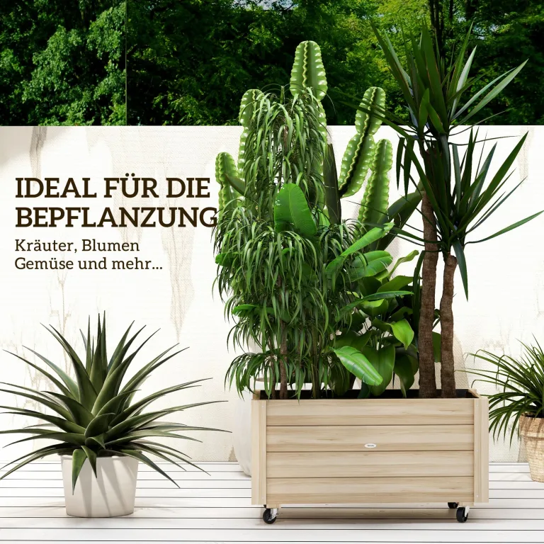 Outsunny Hochbeet Massivholz, Pflanzbeet mit Rollen, Frühbeet Gartenbeet Blumenkasten, Pflanzkasten Pflanzkübel 89x48x47cm für Garten, Terrasse, Blumenkübel für Kletterpflanzen, Blumen, Naturholz – Bild 3