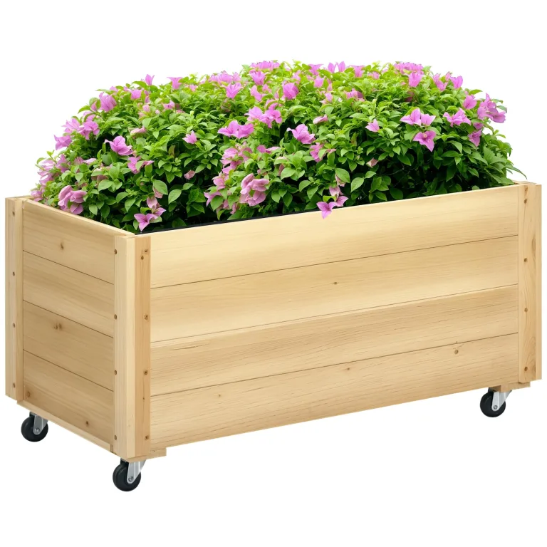 Outsunny Hochbeet Massivholz, Pflanzbeet mit Rollen, Frühbeet Gartenbeet Blumenkasten, Pflanzkasten Pflanzkübel 89x48x47cm für Garten, Terrasse, Blumenkübel für Kletterpflanzen, Blumen, Naturholz – Bild 1