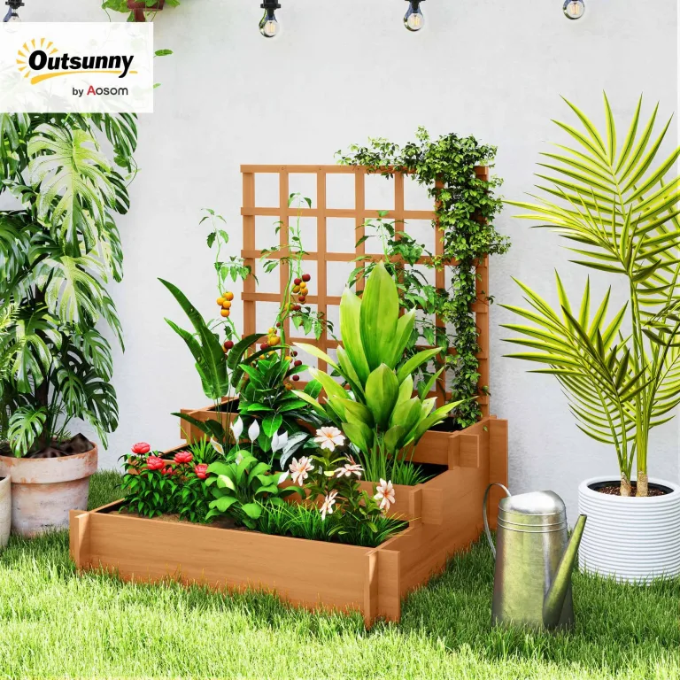 Outsunny Hochbeet mit Rankhilfe, 3-stufig Blumenkasten mit Vliesstoff, Gemüsebeet, Pflanzkasten, Kräuterbeet für Garten, Balkon, Tannenholz, Braun, 95 x 95 x 110 cm – Bild 2