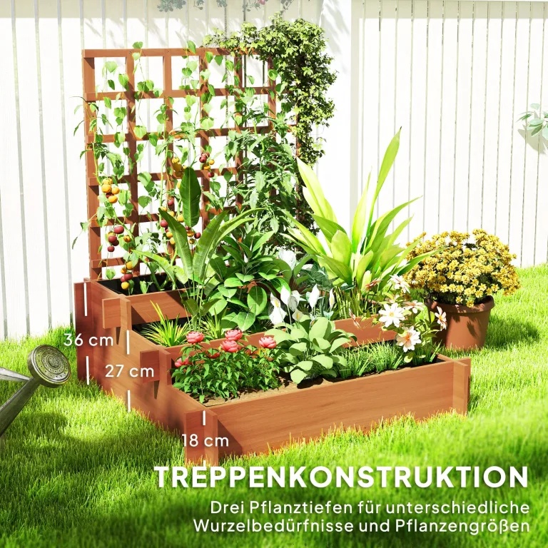 Outsunny Hochbeet mit Rankhilfe, 3-stufig Blumenkasten mit Vliesstoff, Gemüsebeet, Pflanzkasten, Kräuterbeet für Garten, Balkon, Tannenholz, Braun, 95 x 95 x 110 cm – Bild 4