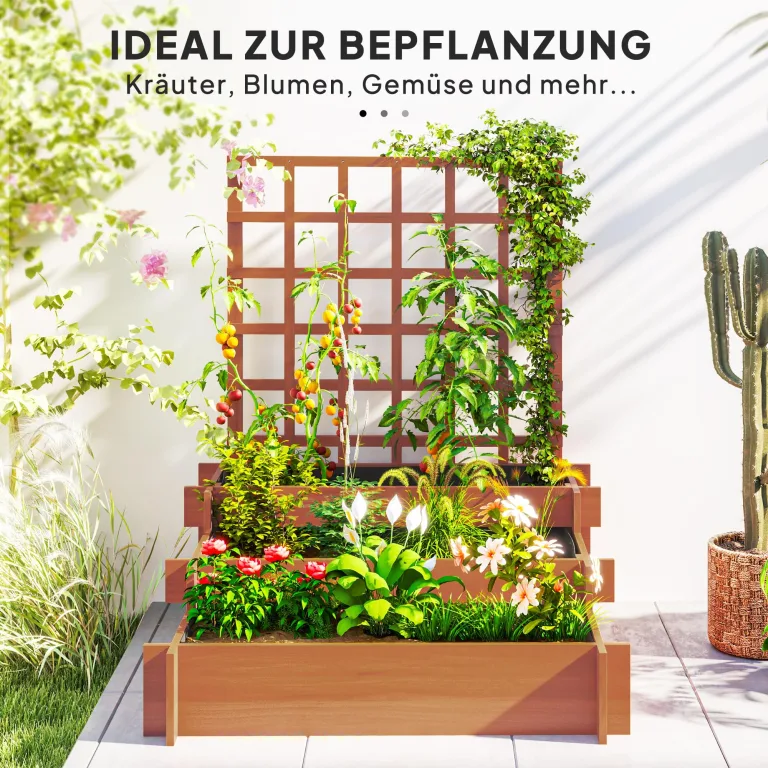 Outsunny Hochbeet mit Rankhilfe, 3-stufig Blumenkasten mit Vliesstoff, Gemüsebeet, Pflanzkasten, Kräuterbeet für Garten, Balkon, Tannenholz, Braun, 95 x 95 x 110 cm – Bild 6