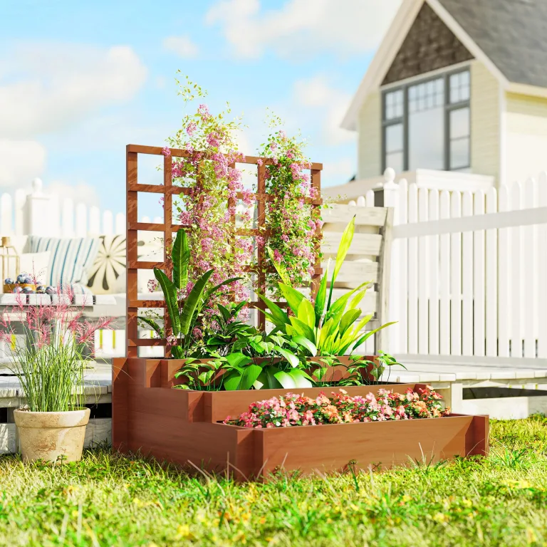 Outsunny Hochbeet mit Rankhilfe, 3-stufig Blumenkasten mit Vliesstoff, Gemüsebeet, Pflanzkasten, Kräuterbeet für Garten, Balkon, Tannenholz, Braun, 95 x 95 x 110 cm – Bild 8