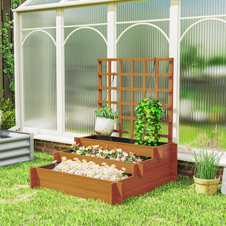 Outsunny Hochbeet mit Rankhilfe, 3-stufig Blumenkasten mit Vliesstoff, Gemüsebeet, Pflanzkasten, Kräuterbeet für Garten, Balkon, Tannenholz, Braun, 95 x 95 x 110 cm – Bild 9