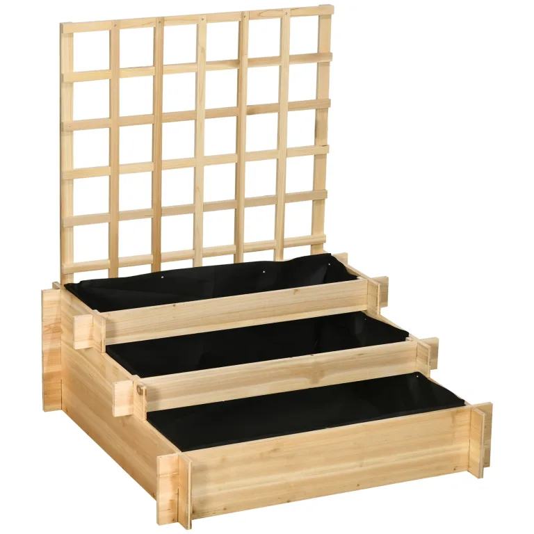 Outsunny Hochbeet mit Rankhilfe, 3-stufig Blumenkasten mit Vliesstoff, Gemüsebeet, Pflanzkasten, Kräuterbeet für Garten, Balkon, Tannenholz, Braun, 95 x 95 x 110 cm – Bild 10