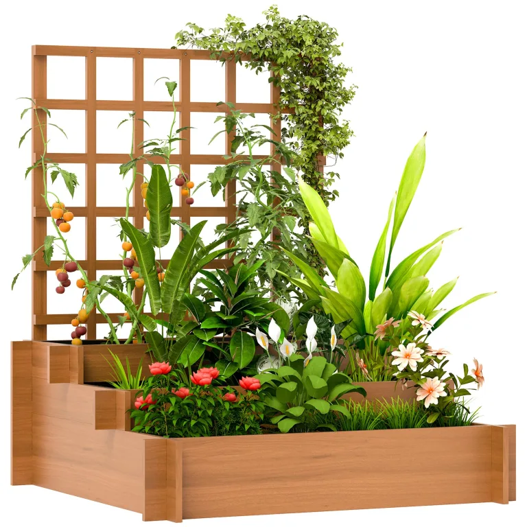 Outsunny Hochbeet mit Rankhilfe, 3-stufig Blumenkasten mit Vliesstoff, Gemüsebeet, Pflanzkasten, Kräuterbeet für Garten, Balkon, Tannenholz, Braun, 95 x 95 x 110 cm – Bild 1