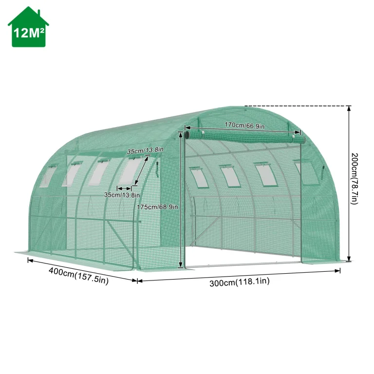 Aufun Gewächshaus 400x300x200 cm Foliengewächshaus Winterfest, Tomatenhaus mit 8 Fenstern & 2 Tür, 140g/m² PE-Folie, Folientunnel mit verzinktem Stahlrahmen,Treibhaus für Garten, Balkon & Anzucht – Bild 2