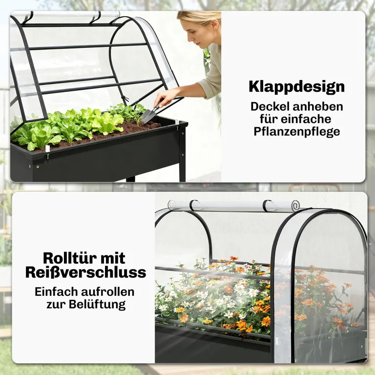 Outsunny Hochbeet mit Gewächshaus-Aufsatz erhöhter Pflanzkasten mit aufklappbar Abdeckung Rollbar Reißverschlusstür Abflussloch Metall Gemüsebeet Blumenkasten für Garten Balkon 100x49x136 cm Schwarz – Bild 5