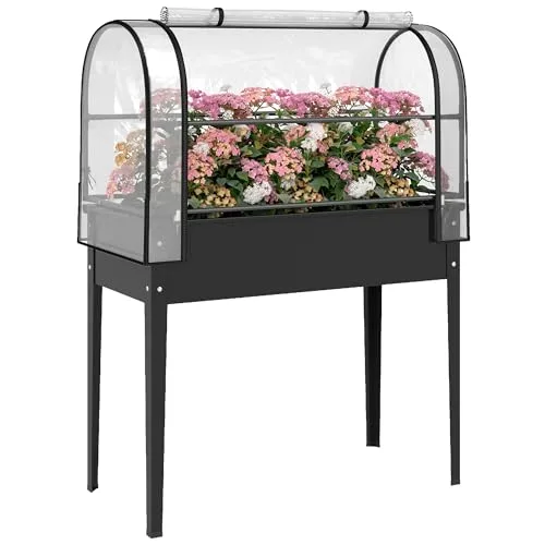 Outsunny Hochbeet mit Gewächshaus-Aufsatz erhöhter Pflanzkasten mit aufklappbar Abdeckung Rollbar Reißverschlusstür Abflussloch Metall Gemüsebeet Blumenkasten für Garten Balkon 100x49x136 cm Schwarz – Bild 10