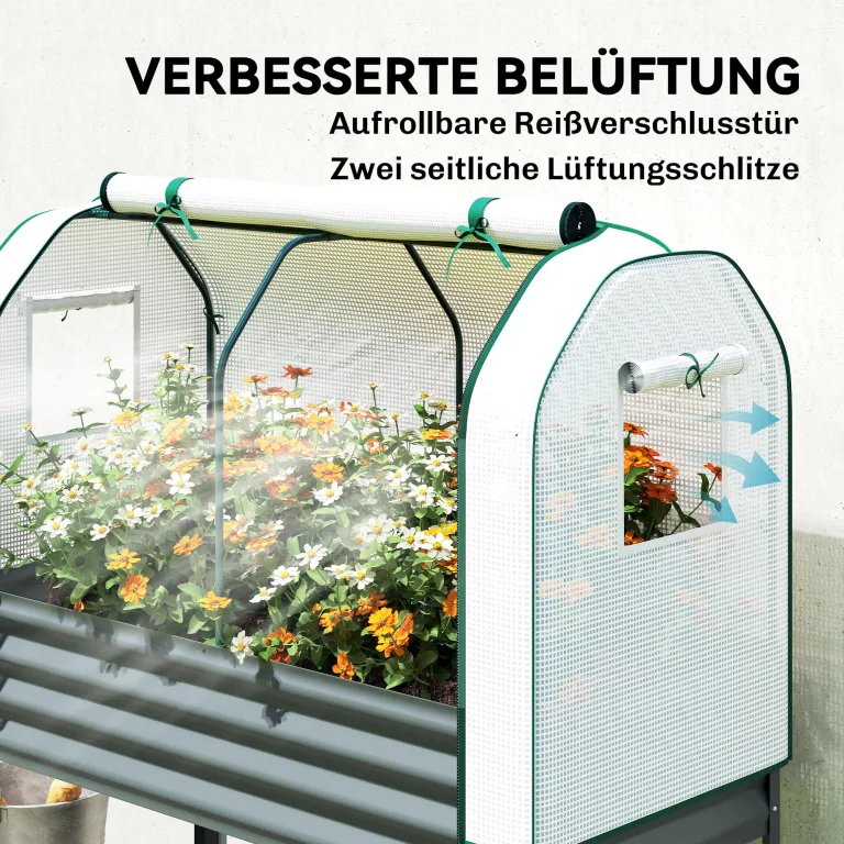 Outsunny Hochbeet mit Frühbeetaufsatz aus Metall Pflanzkasten mit Gewächshaus Ablagefach, Erhöhtes Frühbeet Pflanzbeet 120 x 55 x 140cm Kräuterbeet für Garten Balkon Terrasse Dunkelgrau – Bild 4