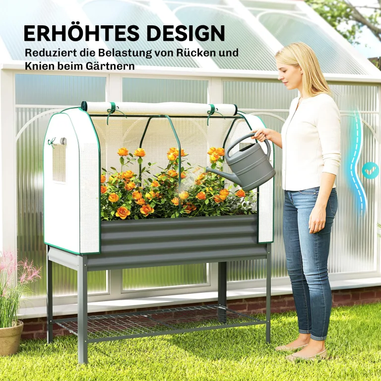 Outsunny Hochbeet mit Frühbeetaufsatz aus Metall Pflanzkasten mit Gewächshaus Ablagefach, Erhöhtes Frühbeet Pflanzbeet 120 x 55 x 140cm Kräuterbeet für Garten Balkon Terrasse Dunkelgrau – Bild 5