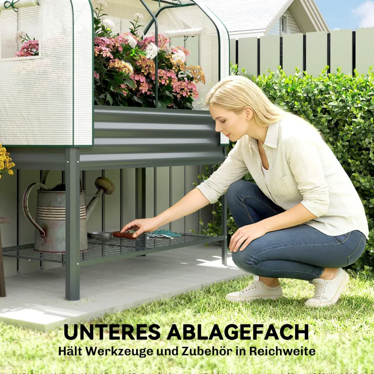Outsunny Hochbeet mit Frühbeetaufsatz aus Metall Pflanzkasten mit Gewächshaus Ablagefach, Erhöhtes Frühbeet Pflanzbeet 120 x 55 x 140cm Kräuterbeet für Garten Balkon Terrasse Dunkelgrau – Bild 6