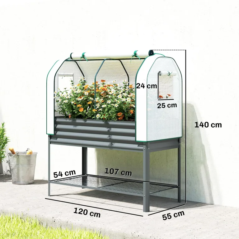 Outsunny Hochbeet mit Frühbeetaufsatz aus Metall Pflanzkasten mit Gewächshaus Ablagefach, Erhöhtes Frühbeet Pflanzbeet 120 x 55 x 140cm Kräuterbeet für Garten Balkon Terrasse Dunkelgrau – Bild 7