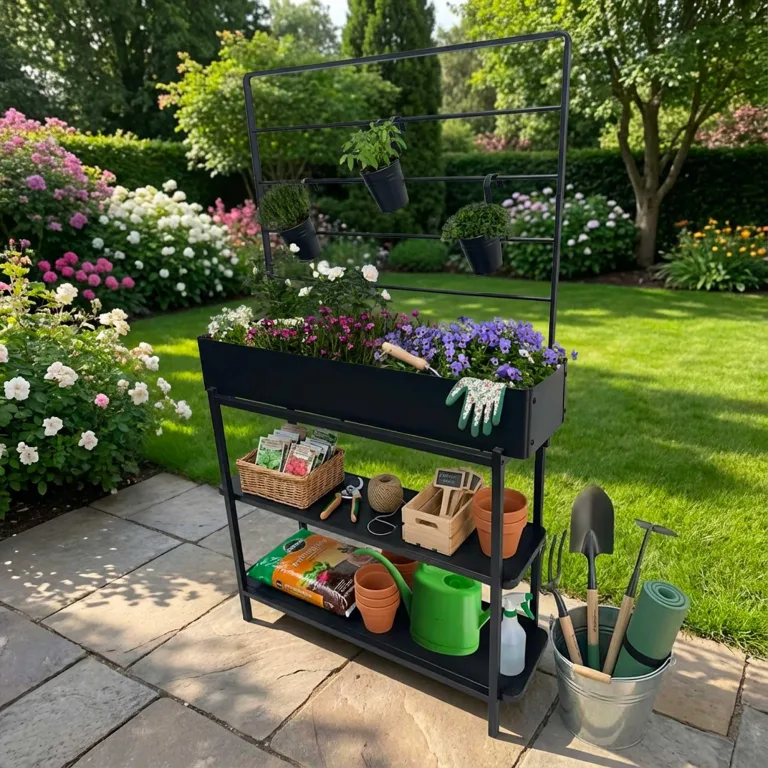 dobar® Metall-Hochbeet mit Rankgitter und 3 Hängetöpfen – Pflanzregal aus pulverbeschichtetem Stahl mit 2 Ablagen – Pflanzkasten für Balkon, Terrasse und Garten – 94 x 30 x 155 cm - Anthrazit – Bild 4