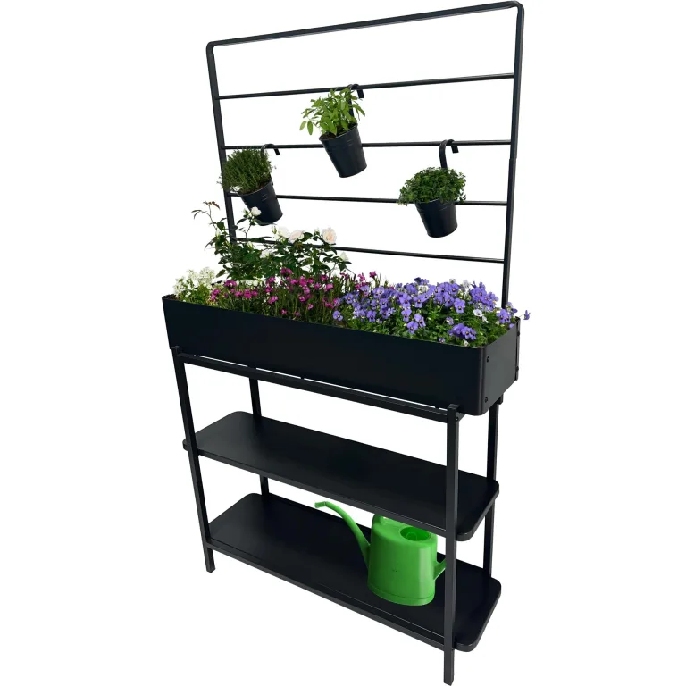 dobar® Metall-Hochbeet mit Rankgitter und 3 Hängetöpfen – Pflanzregal aus pulverbeschichtetem Stahl mit 2 Ablagen – Pflanzkasten für Balkon, Terrasse und Garten – 94 x 30 x 155 cm - Anthrazit – Bild 1