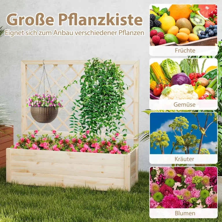 COSTWAY Blumenkasten mit Rankgitter, Hochbeet mit Spalier & Drainagelöchern, Pflanzkübel mit Sichtschutz, Pflanzkasten für Kletterpflanzen, Blumenkübel für Garten Balkon, Holz, Natur, 98 x 35 x 101 cm – Bild 7