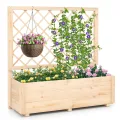 COSTWAY Blumenkasten mit Rankgitter, Hochbeet mit Spalier & Drainagelöchern, Pflanzkübel mit Sichtschutz, Pflanzkasten für Kletterpflanzen, Blumenkübel für Garten Balkon, Holz, Natur, 98 x 35 x 101 cm - Thumbnail 1