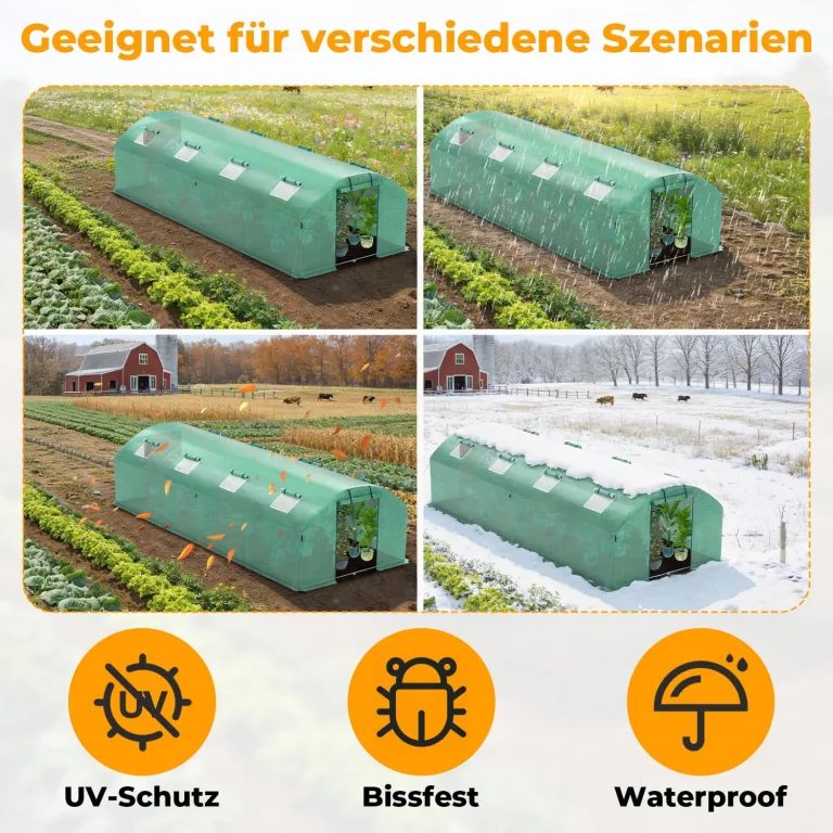 300x400x200 cm Foliengewächshaus Winterfest Gewächshaus mit 25mm Stahlrahmen, 140g/m² PE UV50+ Abdeckung, 4 Fenster & 2 Türen, Tomatenhaus mit Erdankern und Abspannseilen – Bild 4