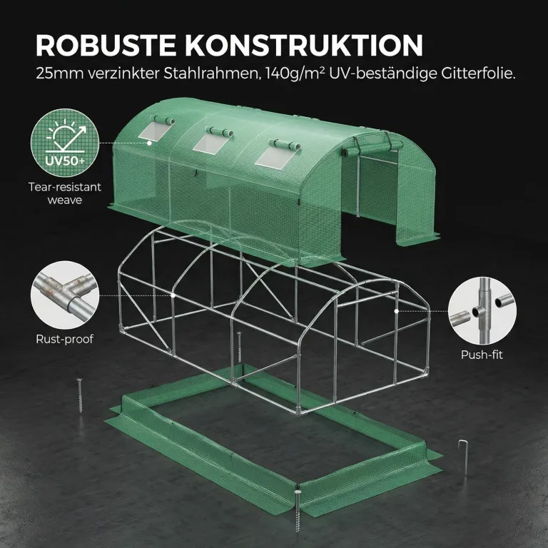 300x400x200 cm Foliengewächshaus Winterfest Gewächshaus mit 25mm Stahlrahmen, 140g/m² PE UV50+ Abdeckung, 4 Fenster & 2 Türen, Tomatenhaus mit Erdankern und Abspannseilen – Bild 6