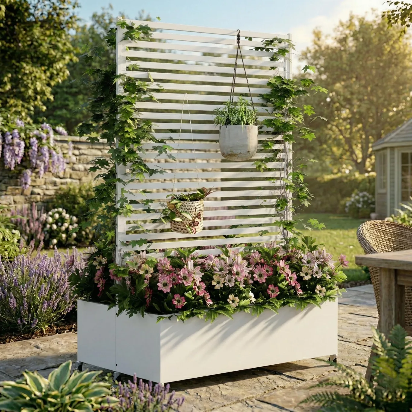 Hochbeet aus Metall mit Rad, Pflanzkasten aus Metall für den Außenbereich mit Spalier, freistehender Pflanzkasten mit Sichtschutz für den Außenbereich für Garten, Terrasse, Balkon - Bild 1