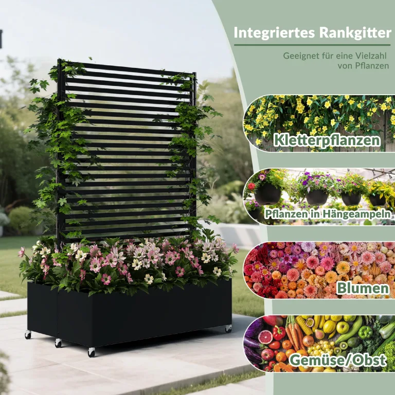 Pflanzkasten aus Metall für den Außenbereich mit Spalier, Hochbeet aus Metall mit Rad, freistehender Sichtschutz-Pflanzkasten für Blumen, Gemüse im Garten, auf der Terrasse, auf dem Balkon – Bild 4