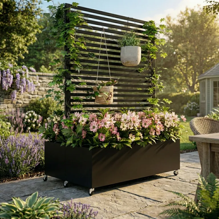 Pflanzkasten aus Metall für den Außenbereich mit Spalier, Hochbeet aus Metall mit Rad, freistehender Sichtschutz-Pflanzkasten für Blumen, Gemüse im Garten, auf der Terrasse, auf dem Balkon – Bild 7