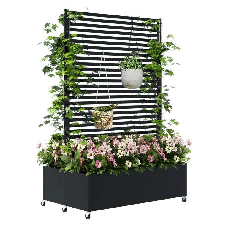 Pflanzkasten aus Metall für den Außenbereich mit Spalier, Hochbeet aus Metall mit Rad, freistehender Sichtschutz-Pflanzkasten für Blumen, Gemüse im Garten, auf der Terrasse, auf dem Balkon – Bild 1