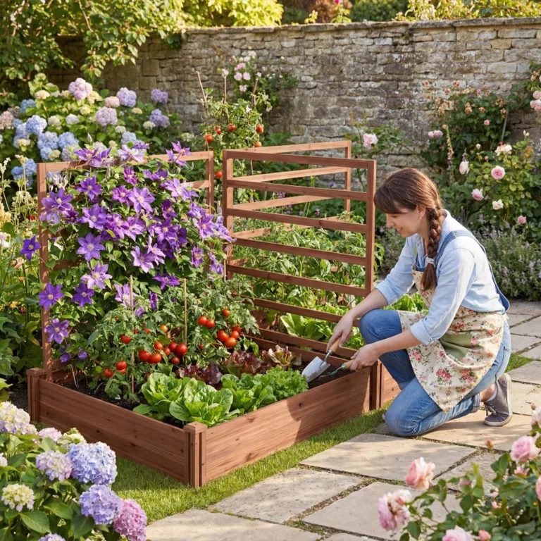 HOMASIS Blumenkasten mit Rankgitter, Hochbeet mit Spalier, Pflanzenkasten Holz, Blumenbeet mit Rankhilfer, Gartenspalier für Kletterpflanzen, Rankkasten für Balkon Garten (Braun, 222x114x110cm) – Bild 2
