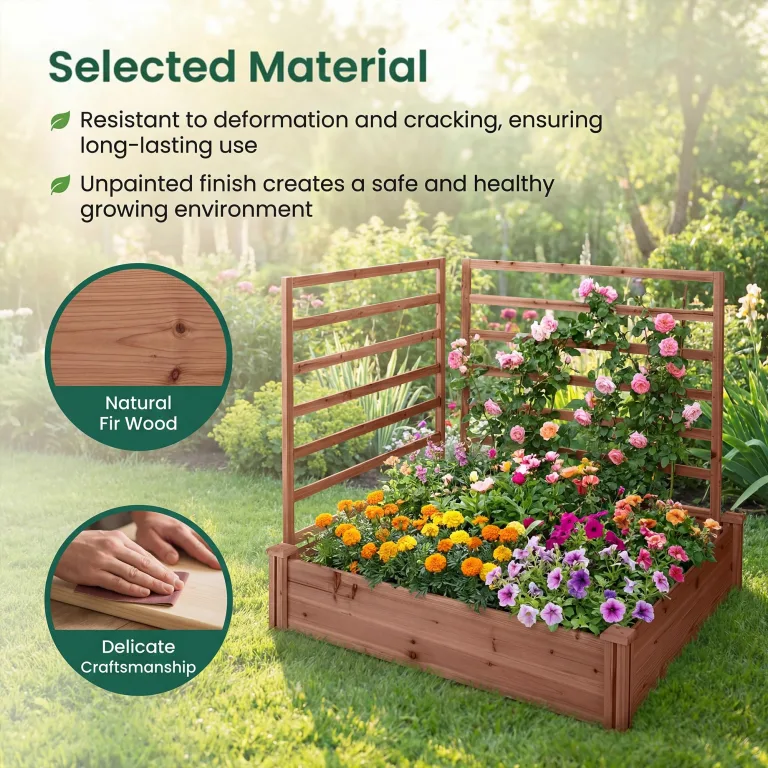 HOMASIS Blumenkasten mit Rankgitter, Hochbeet mit Spalier, Pflanzenkasten Holz, Blumenbeet mit Rankhilfer, Gartenspalier für Kletterpflanzen, Rankkasten für Balkon Garten (Braun, 222x114x110cm) – Bild 5