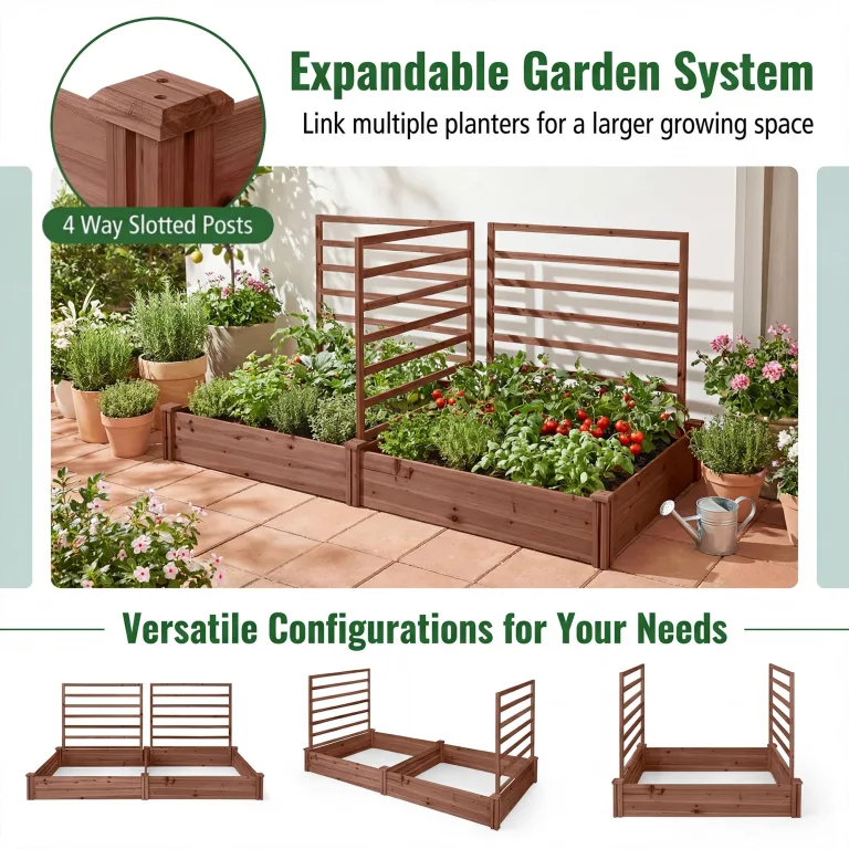 HOMASIS Blumenkasten mit Rankgitter, Hochbeet mit Spalier, Pflanzenkasten Holz, Blumenbeet mit Rankhilfer, Gartenspalier für Kletterpflanzen, Rankkasten für Balkon Garten (Braun, 222x114x110cm) – Bild 7