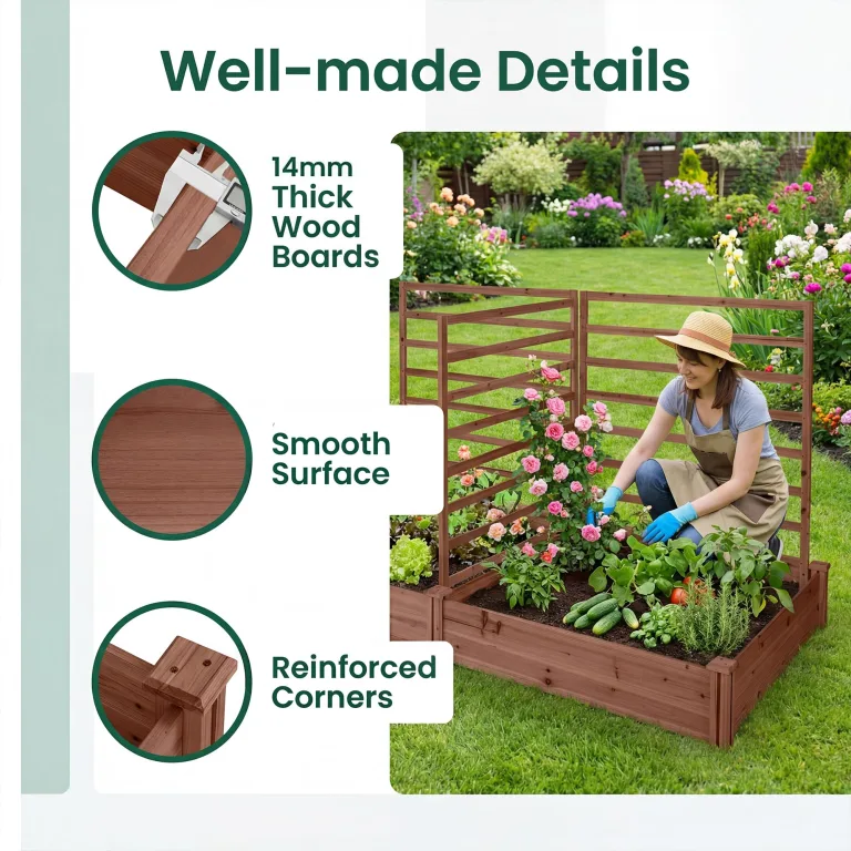 HOMASIS Blumenkasten mit Rankgitter, Hochbeet mit Spalier, Pflanzenkasten Holz, Blumenbeet mit Rankhilfer, Gartenspalier für Kletterpflanzen, Rankkasten für Balkon Garten (Braun, 222x114x110cm) – Bild 8