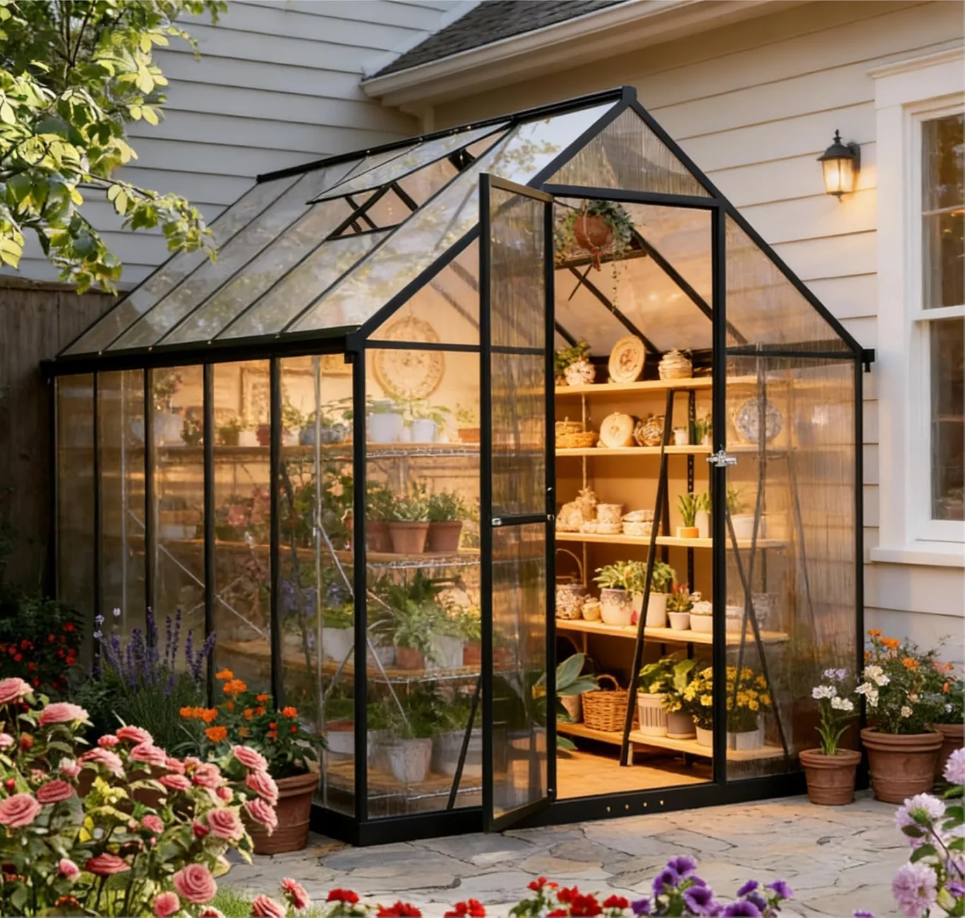 2026 Polycarbonat Gewächshaus Schwarz 281x175x195, Aluminiumrahmen Garten & Terrasse Pflanzenhaus mit Lüftungsfenster, Regenrinnen, Stabil Alle Wetter, Winterfest Außengewächshaus, Tomatengewächshaus - Bild 1