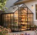 2026 Polycarbonat Gewächshaus Schwarz 281x175x195, Aluminiumrahmen Garten & Terrasse Pflanzenhaus mit Lüftungsfenster, Regenrinnen, Stabil Alle Wetter, Winterfest Außengewächshaus, Tomatengewächshaus - Thumbnail 10