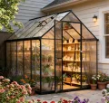 2026 Polycarbonat Gewächshaus Schwarz 281x175x195, Aluminiumrahmen Garten & Terrasse Pflanzenhaus mit Lüftungsfenster, Regenrinnen, Stabil Alle Wetter, Winterfest Außengewächshaus, Tomatengewächshaus - Thumbnail 1