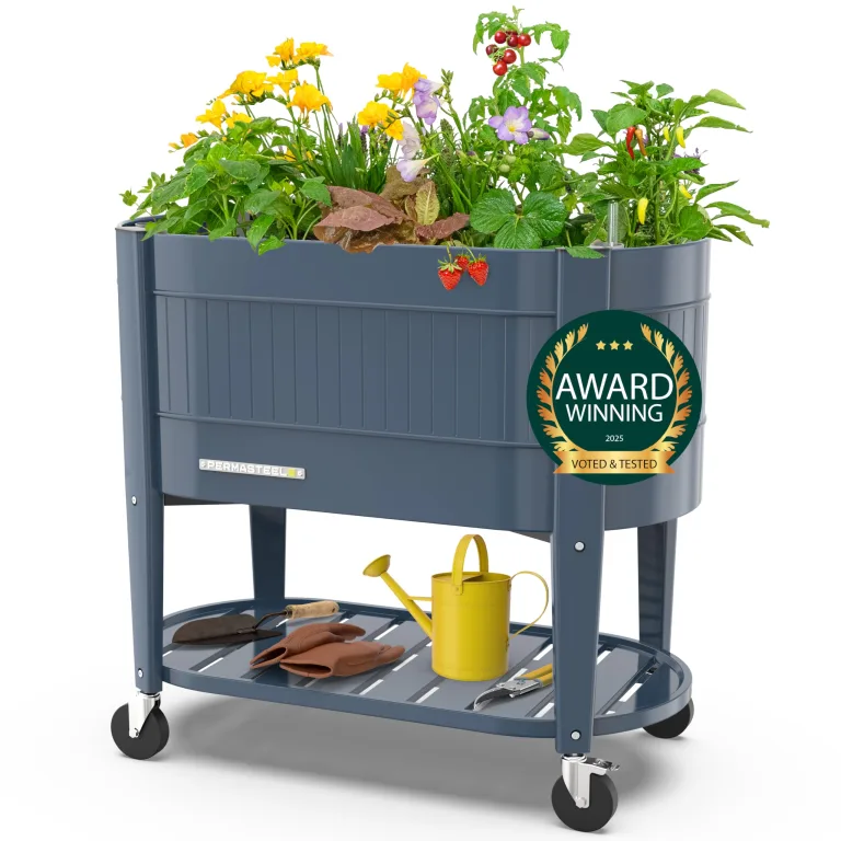 Permasteel Hochbeet Metall mit Rollen für Garten oder Balkon - Pflanzkübel groß außen 101x51x94 cm - Selbstbewässerungssystem, Wasserstandsanzeige und Ablassventil - Für Gemüse, Kräuter oder Blumen – Bild 1