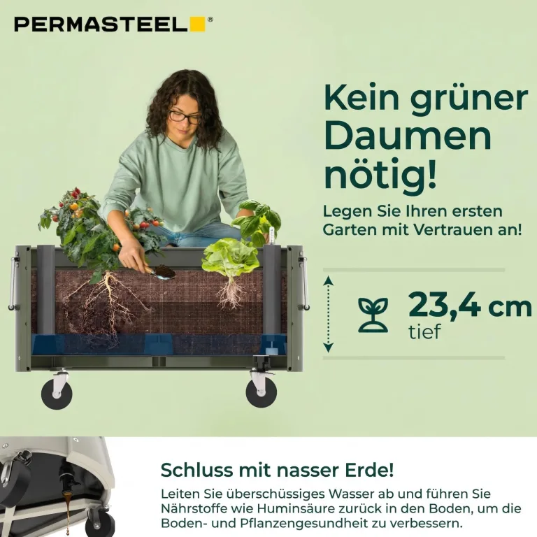 Permasteel Hochbeet Metall mit Rollen für Garten oder Balkon - Pflanzkübel groß außen 57x42x82 cm - Selbstbewässerungssystem, Wasserstandsanzeige und Ablassventil - Für Gemüse, Kräuter oder Blumen – Bild 3