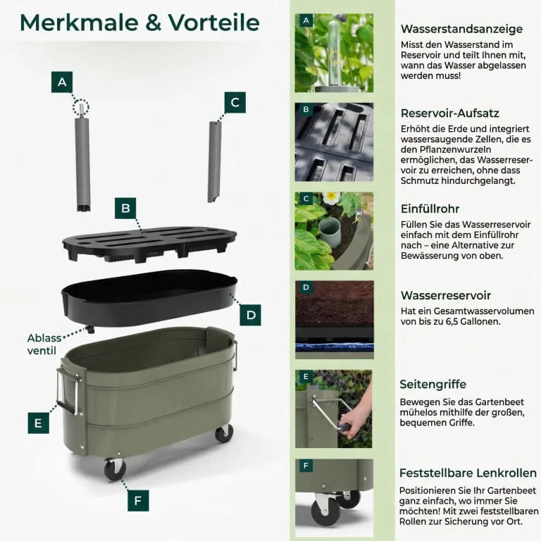 Permasteel Hochbeet Metall mit Rollen für Garten oder Balkon - Pflanzkübel groß außen 57x42x82 cm - Selbstbewässerungssystem, Wasserstandsanzeige und Ablassventil - Für Gemüse, Kräuter oder Blumen – Bild 8
