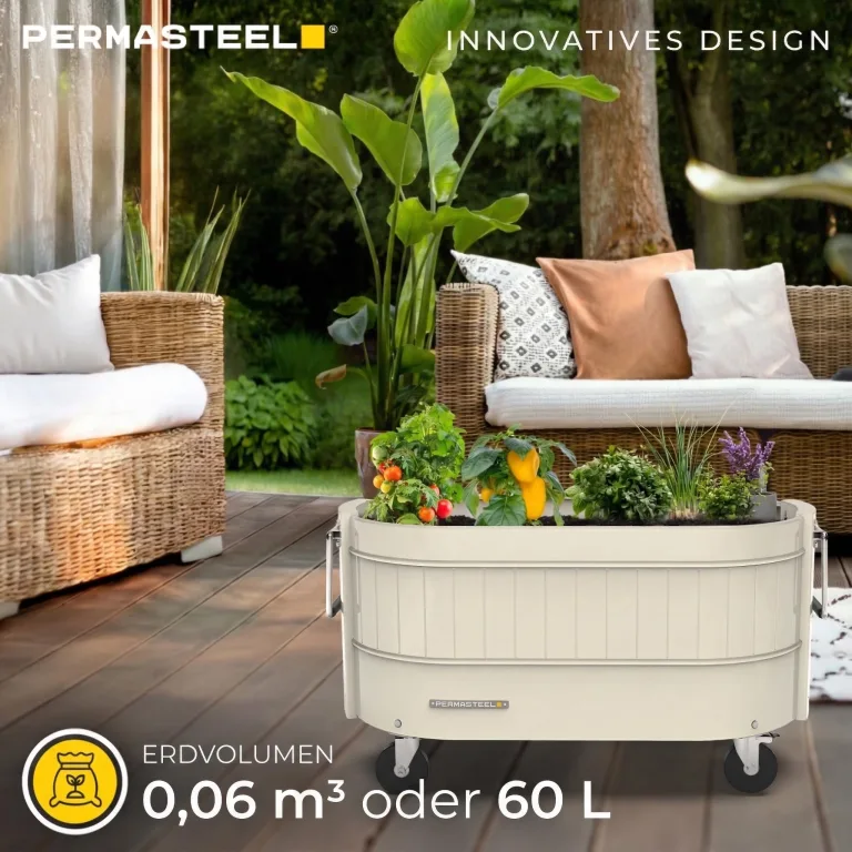 Permasteel Hochbeet Metall mit Rollen für Garten oder Balkon - Pflanzkübel groß außen 57x42x82 cm - Selbstbewässerungssystem, Wasserstandsanzeige und Ablassventil - Für Gemüse, Kräuter oder Blumen – Bild 2