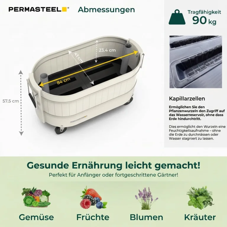 Permasteel Hochbeet Metall mit Rollen für Garten oder Balkon - Pflanzkübel groß außen 57x42x82 cm - Selbstbewässerungssystem, Wasserstandsanzeige und Ablassventil - Für Gemüse, Kräuter oder Blumen – Bild 5