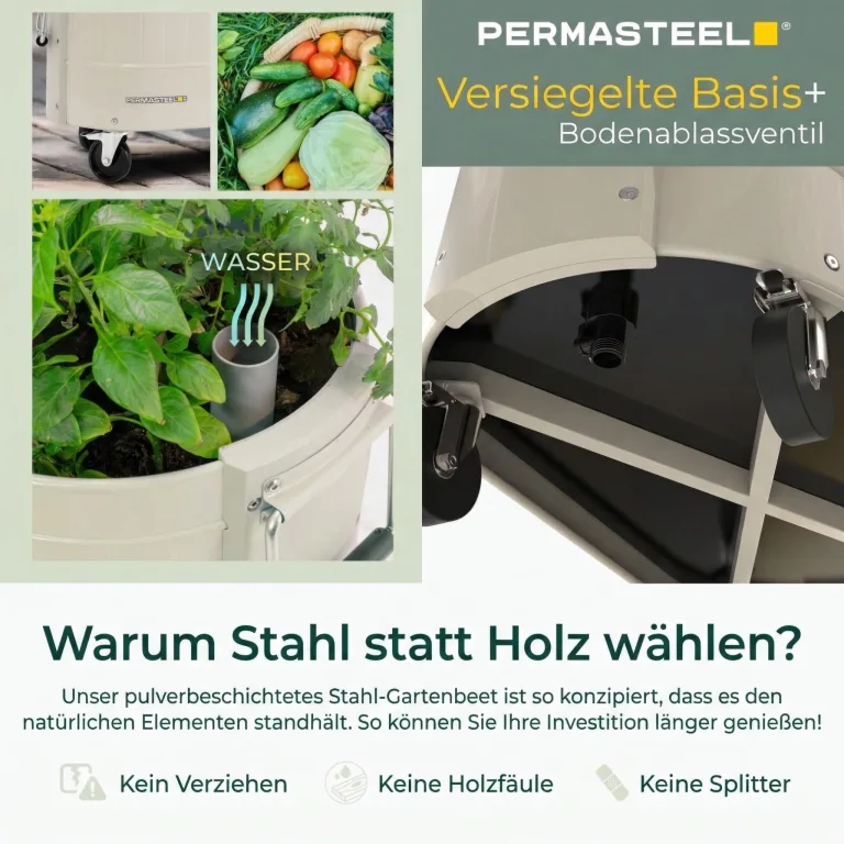 Permasteel Hochbeet Metall mit Rollen für Garten oder Balkon - Pflanzkübel groß außen 57x42x82 cm - Selbstbewässerungssystem, Wasserstandsanzeige und Ablassventil - Für Gemüse, Kräuter oder Blumen – Bild 7