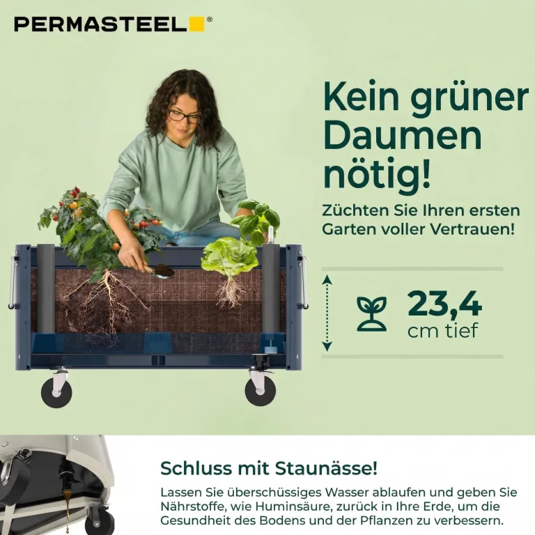 Permasteel Hochbeet Metall mit Rollen für Garten oder Balkon - Pflanzkübel groß außen 57x42x82 cm - Selbstbewässerungssystem, Wasserstandsanzeige und Ablassventil - Für Gemüse, Kräuter oder Blumen – Bild 3