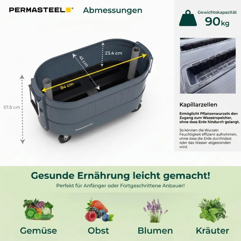 Permasteel Hochbeet Metall mit Rollen für Garten oder Balkon - Pflanzkübel groß außen 57x42x82 cm - Selbstbewässerungssystem, Wasserstandsanzeige und Ablassventil - Für Gemüse, Kräuter oder Blumen – Bild 5