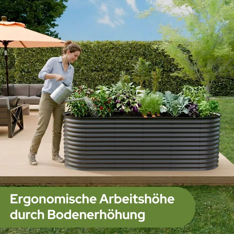 Arebos Hochbeet oval Metall 240x80x78 cm Anthrazit | Gartenbeet verzinkter Stahl rostfrei mit Gummikante 1170 L, Stabil mit Querstreben | Gemüsebeet ideal für den Garten | für Gemüse, Kräuter & Blumen – Bild 7