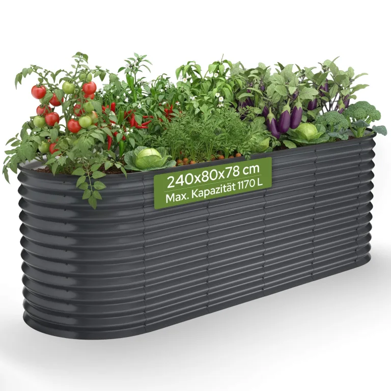 Arebos Hochbeet oval Metall 240x80x78 cm Anthrazit | Gartenbeet verzinkter Stahl rostfrei mit Gummikante 1170 L, Stabil mit Querstreben | Gemüsebeet ideal für den Garten | für Gemüse, Kräuter & Blumen – Bild 1