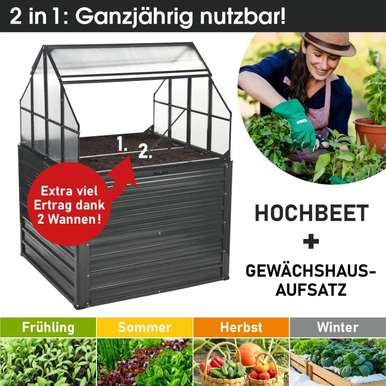 BRAST 2in1 Hochbeet mit Alu Gewächshaus-Aufsatz | Integriertes Drainage-System | 2 Größen zur Auswahl | wetterfest | 4mm Hohlkammerplatten | 2 Pflanzwannen | Pflanzbeet | 120x120x166cm – Bild 2