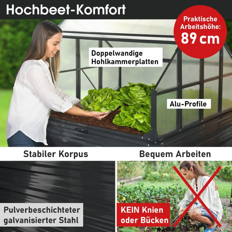 BRAST 2in1 Hochbeet mit Alu Gewächshaus-Aufsatz | Integriertes Drainage-System | 2 Größen zur Auswahl | wetterfest | 4mm Hohlkammerplatten | 2 Pflanzwannen | Pflanzbeet | 120x120x166cm – Bild 3